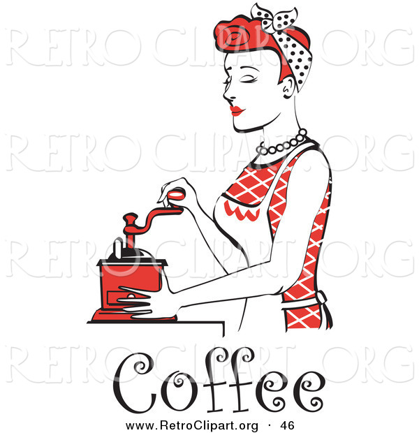 Retro Clipart of a Beautiful Red Haired Housewife or Maid Woman Wearing a Red Outfit Using a Manual Coffee Grinder, with Text