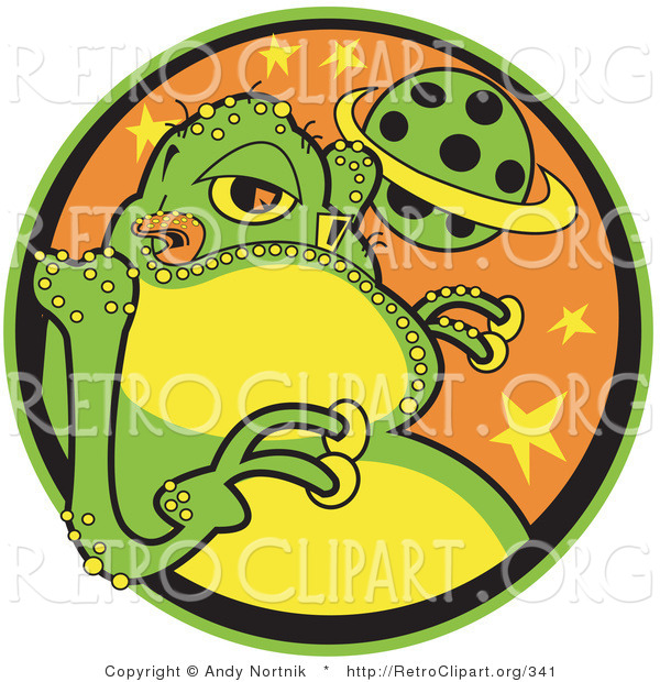 Retro Clipart of a Big Fat Green Alien with a Yellow Belly and Yellow Suction Fingers, Licking His Lips and Standing in Front of a Planet