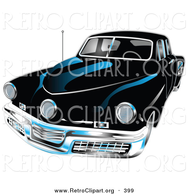 Retro Clipart of a Black 1948 Tucker Car with a Chrome Bumper and Details on White