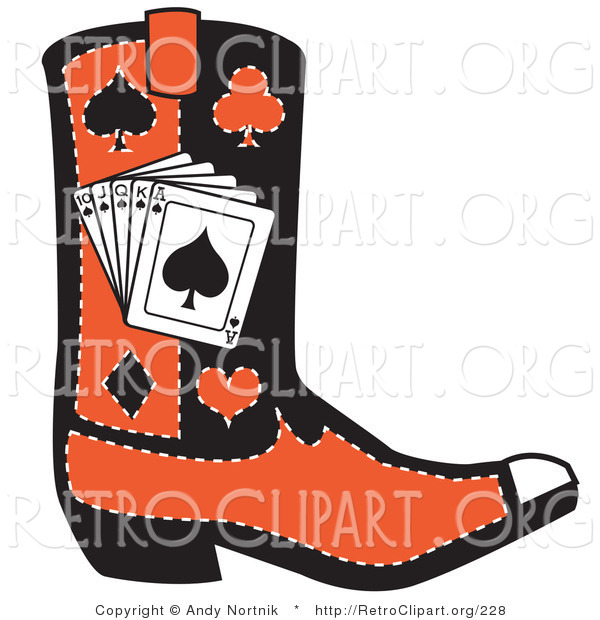 Retro Clipart of a Black and Red Cowboy Boot with Playing Cards and Silhouettes of a Spade, Club, Diamond and Heart on White