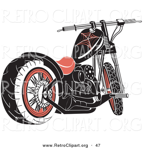 Retro Clipart of a Black and Red Motorcycle with Spider Web Accents