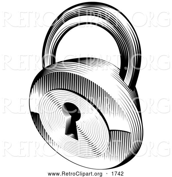 Retro Clipart of a Black and White Engraved Padlock