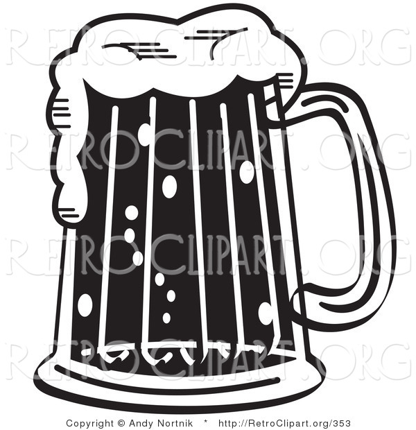 Retro Clipart of a Black and White Frothy Beer Mug in a Bar