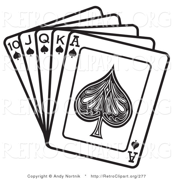 Retro Clipart of a Black and White Hand of Cards Showing a 10, Jack, Queen, King and Ace of Spades