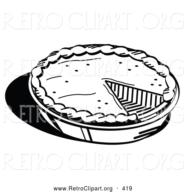 Retro Clipart of a Black and White Outline of a Freshly Baked Pumpkin Pie in a Pan, Missing One Slice, Served for Thanksgiving Dessert