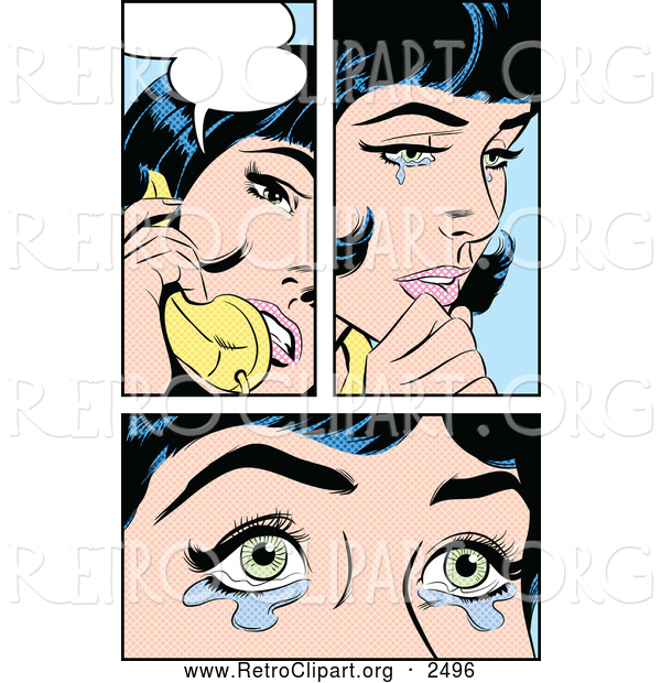Retro Clipart of a Black Haired Pop Art Woman Crying and Talking on the Phone