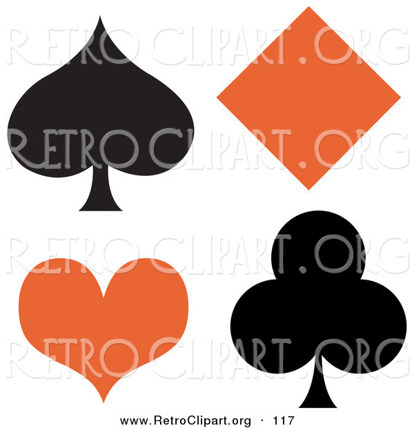 Retro Clipart of a Black Spade and Club with an Orange Diamond and Heart on Solid White