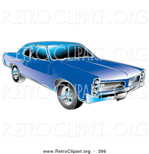 Retro Clipart of a Blue 1966 Pontiac GTO Muscle Car with Silver Detailing on the Front End and Around the Windows