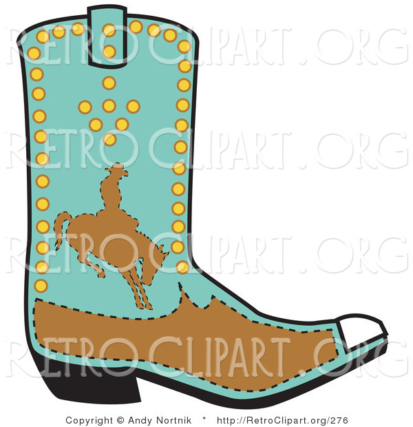 Retro Clipart of a Blue Boot Showing a Brown Silhouetted Cowboy Riding a Bucking Bronco