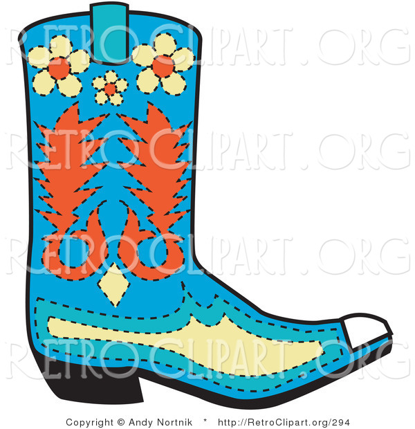 Retro Clipart of a Blue Cowboy Boot with Orange and Yellow Floral Designs