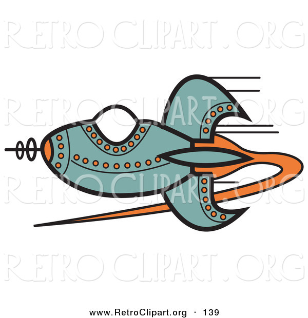 Retro Clipart of a Blue Rocket with Orange Studs Flying Through Outer Space on White