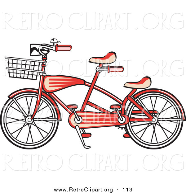 Retro Clipart of a Brand New Red Tandem Bicycle with a Basket on the Front over White