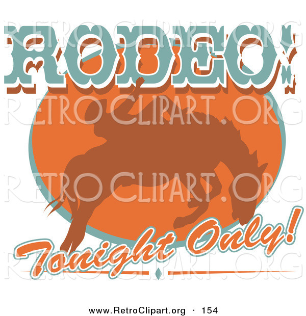 Retro Clipart of a Brown Silhouette of a Cowboy Man Riding a Bucking Bronco in a Rodeo Advertisement