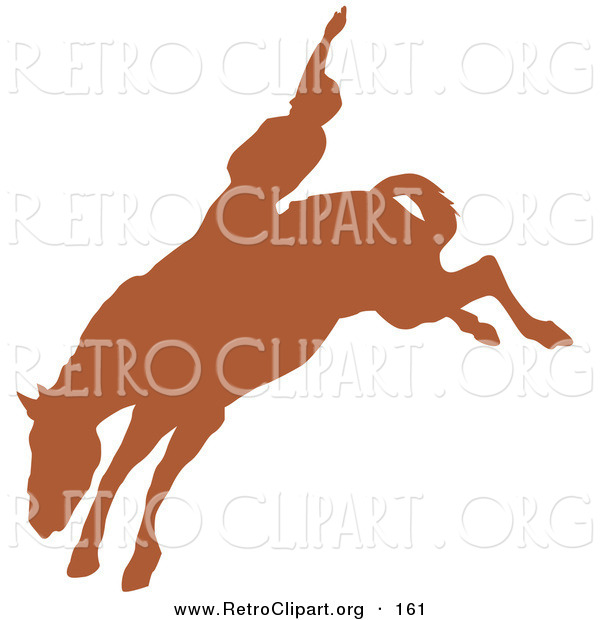 Retro Clipart of a Brown Silhouette of a Cowboy Riding a Bucking Bronco and Holding One Arm up in the Air in a Rodeo on White