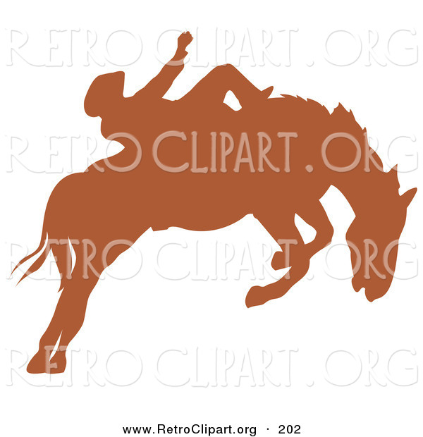 Retro Clipart of a Brown Silhouette of a Cowboy Riding a Bucking Bronco in a Country Rodeo