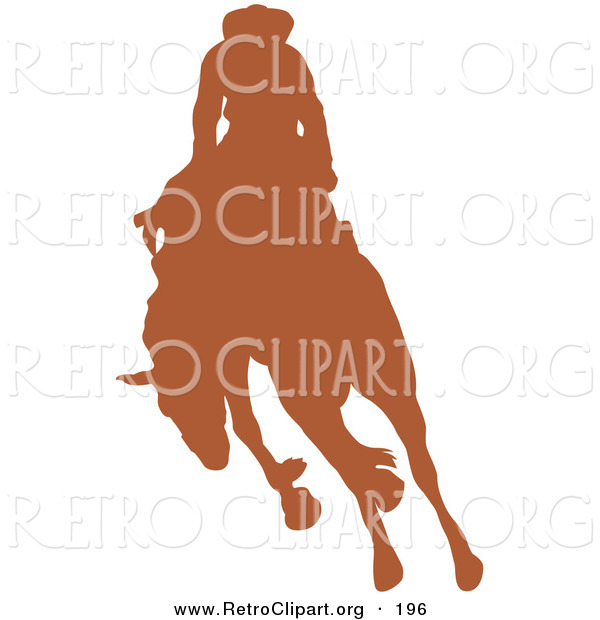 Retro Clipart of a Brown Silhouetted Cowboy Riding a Bucking Bronco in a Rodeo to the Left