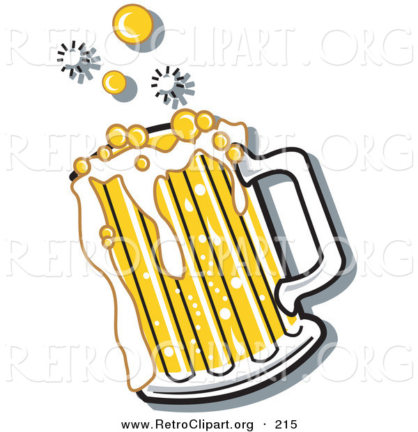 Retro Clipart of a Bubbly and Frothy Glass Mug of Beer Spilling over the Rim of a Mug