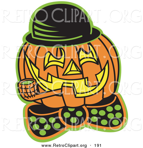 Retro Clipart of a Carved Jack O Lantern Pumpkin Wearing a Hat and Bowtie and Grinning While Smoking a Pipe