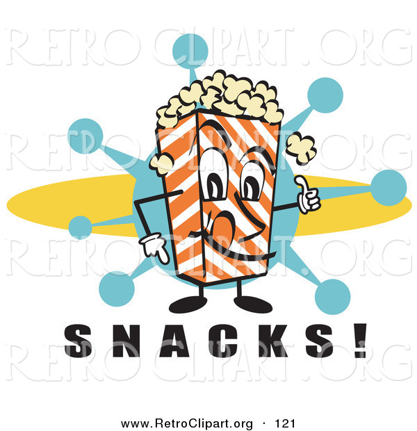 Retro Clipart of a Cheerful Popcorn Carton Character Filled with Buttery Popcorn Pointing down at Text Reading "Snacks" at a Movie Theater