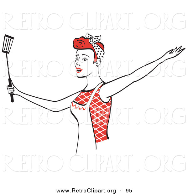 Retro Clipart of a Cheerful Red Haired Housewife Wearing an Apron and Dancing with a Spatula While Singing
