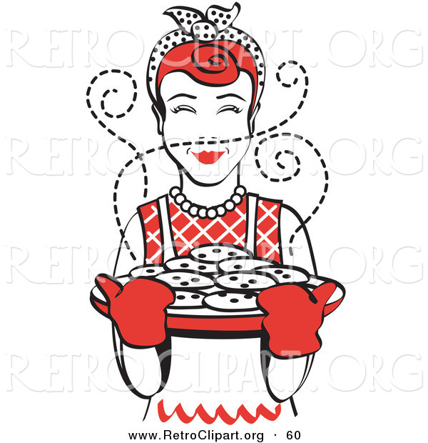 Retro Clipart of a Cheerful Red Haired Housewife Wearing an Apron and Oven Gloves, Smelling Fresh, Hot Chocolate Chip Cookies Right out of the Oven