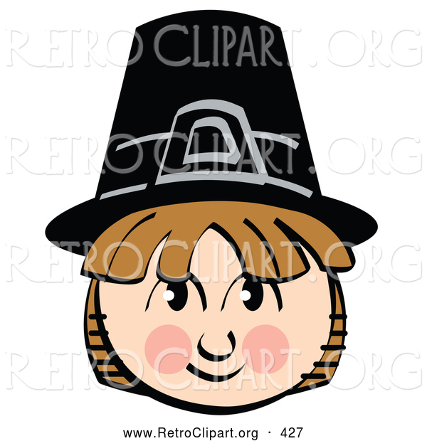 Retro Clipart of a Cheerful Smiling Pilgrim Boy Wearing a Black Hat