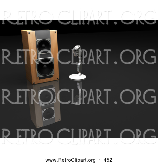 Retro Clipart of a Chrome Retro Microphone Beside a Speaker on a Dark Reflective Surface