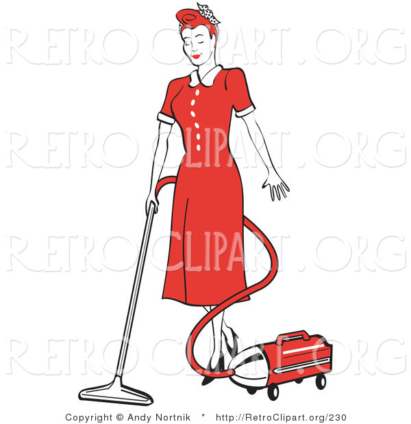 Retro Clipart of a Clean Red Haired Housewife or Maid Woman in a Long Red Dress and Heels, Using a Canister Vacuum to Clean the Floors
