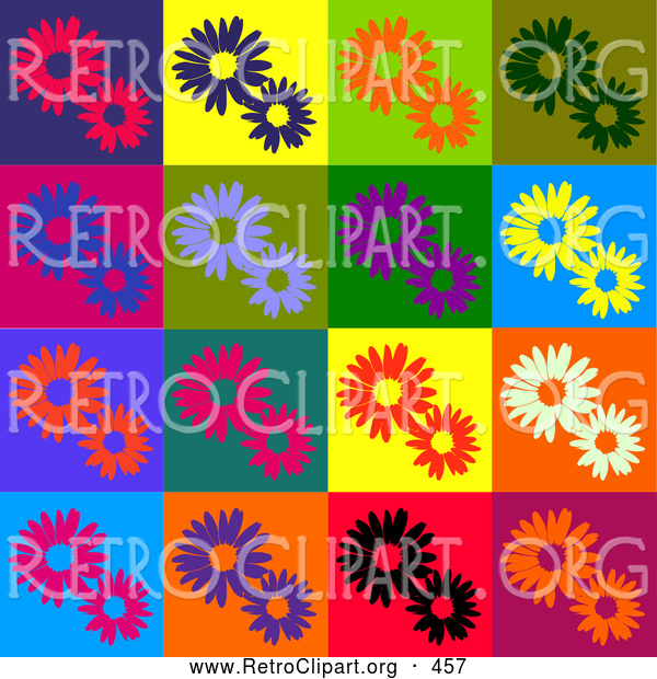 Retro Clipart of a Colorful Background of Red, Purple, Orange, Green, Blue, Black and White Flowers in Different Colored Squares