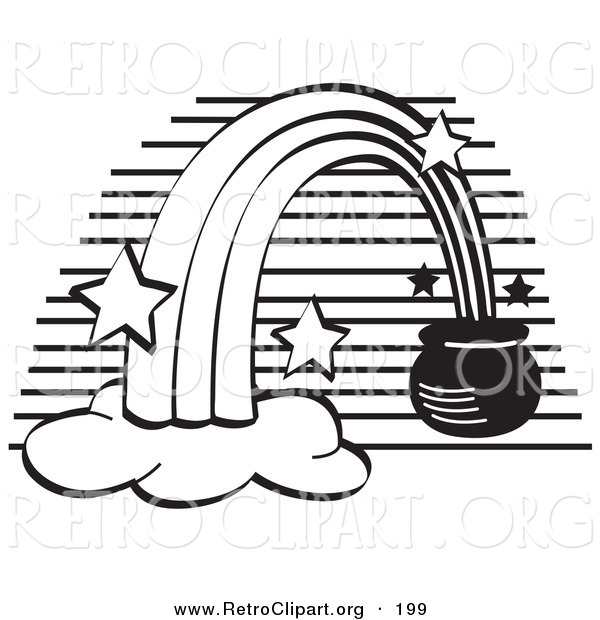 Retro Clipart of a Coloring Page of a Pot of Gold at the End of a Rainbow with Stars