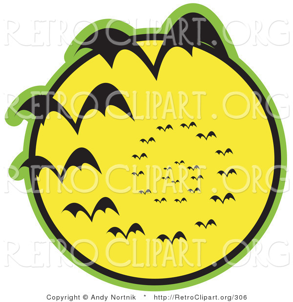 Retro Clipart of a Continuous Vortex Spiral of Black Halloween Vampire Bats Flying in Silhouette Against a Bright Full Yellow Moon and Slowly Disappearing in the Distance Clipart Illustration