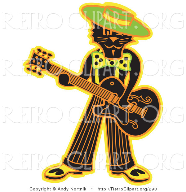 Retro Clipart of a Cool Black Cat Playing a Guitar on Stage