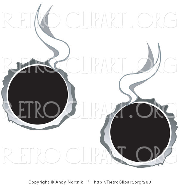 Retro Clipart of a Couple of Hot Bullet Holes Through Metal, Smoking