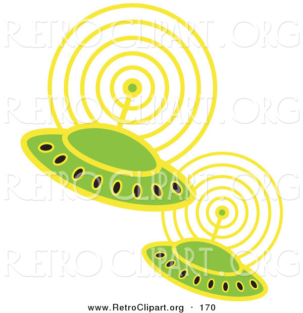 Retro Clipart of a Couple of Matching Green UFOs Flying in Space and Communicating with Eachother