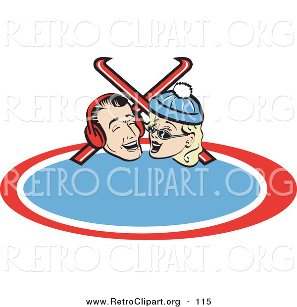 Retro Clipart of a Cute and Happy Laughing Couple with Skis Retro