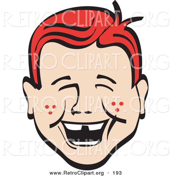 Retro Clipart of a Cute and Happy Red Haired Freckled Boy with Missing Front Teeth, Laughing Retro