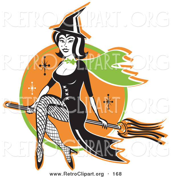 Retro Clipart of a Cute and Pretty Black Haired Witch in a Pointy Hat, Long Black Dress and Fishnet Stockings, Sitting Cross Legged on a Broomstick While Flying Through the Night Sky