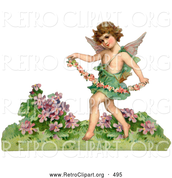 Retro Clipart of a Cute Cupid Playfully Running Through a Garden and Carrying a Garland of Flowers, Circa 1888