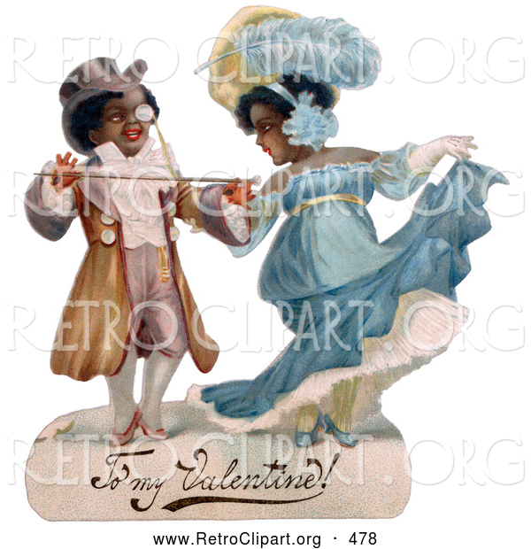 Retro Clipart of a Cute Romantic Black Couple in Beautiful Clothing, Ballroom Dancing, Circa 1890