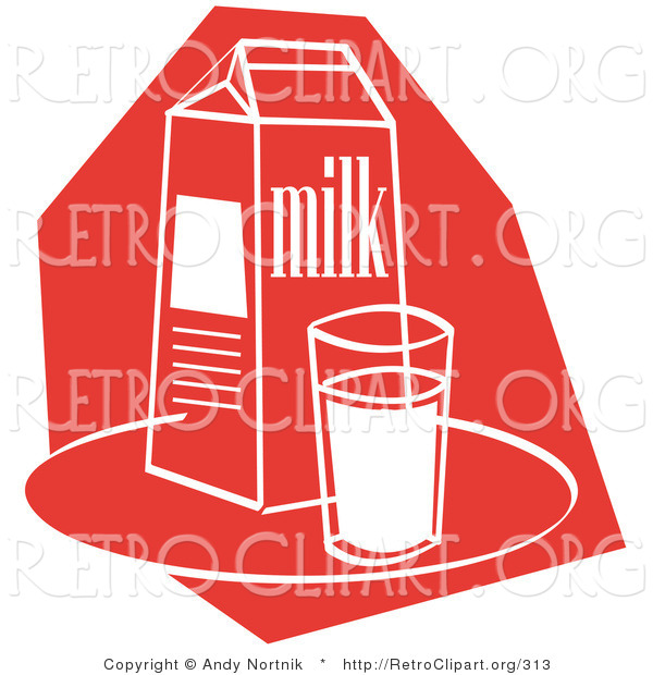 Retro Clipart of a Dairy Still Life of a Whole Glass of Milk by a Milk Carton