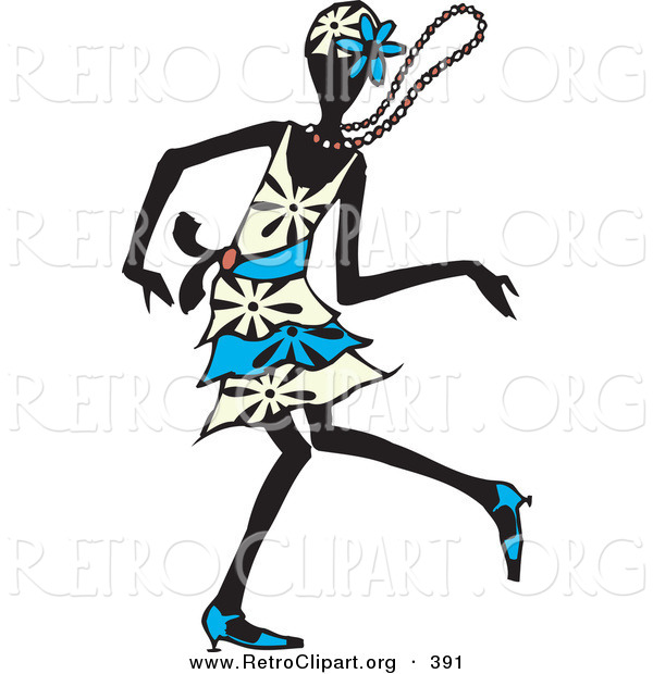 Retro Clipart of a Dancing Flapper Woman in a White and Blue Dress, Floral Hat and Heels, Moving on the Dance Floor with Her Necklace Flying Around Her Neck, on White
