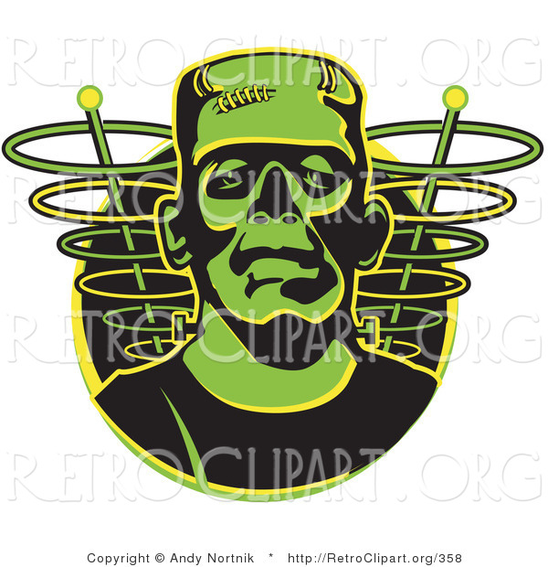 Retro Clipart of a Face of a Green Frankenstein Monster