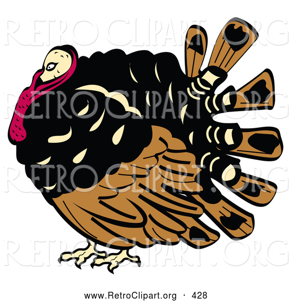 Retro Clipart of a Fat and Chubby Brown, Black and Red Turkey Bird with His Head Tucked in His Neck
