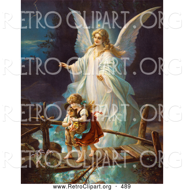 Retro Clipart of a Female Guardian Angel Protecting a Little Girl and Her Brother As They Cross over a River on a Narrow Dangerous Broken Bridge, Circa 1890