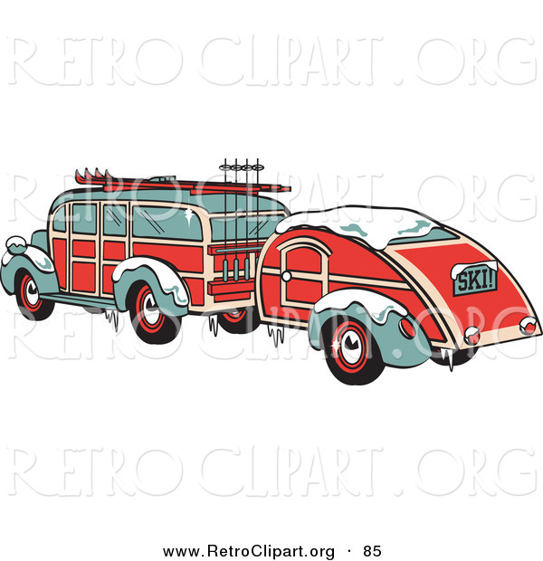 Retro Clipart of a Festive Green and Red Woody Car Hauling a Trailer and Carrying Skis and Poles on the Roof Retro