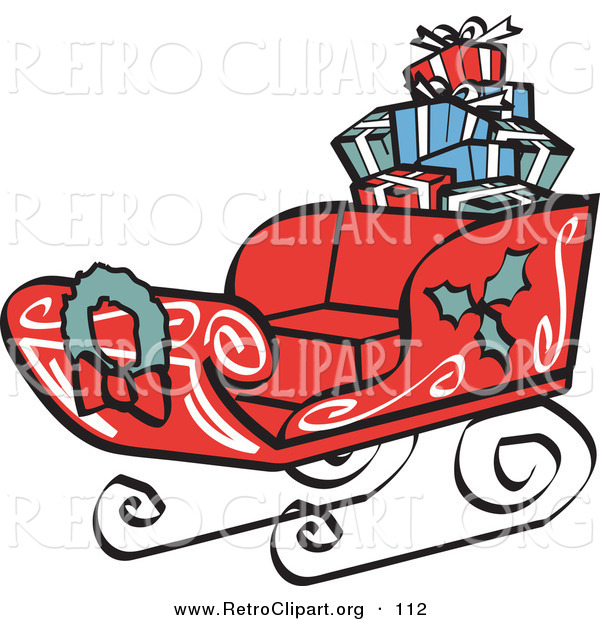 Retro Clipart of a Festive Red Sleigh Decorated with Holly and a Wreath, Carrying Presents
