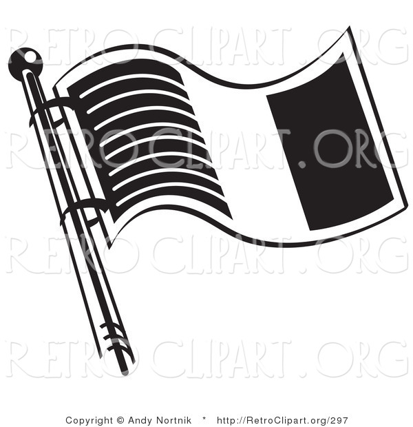 Retro Clipart of a Flag of Ireland on a Flagpole in Black and White