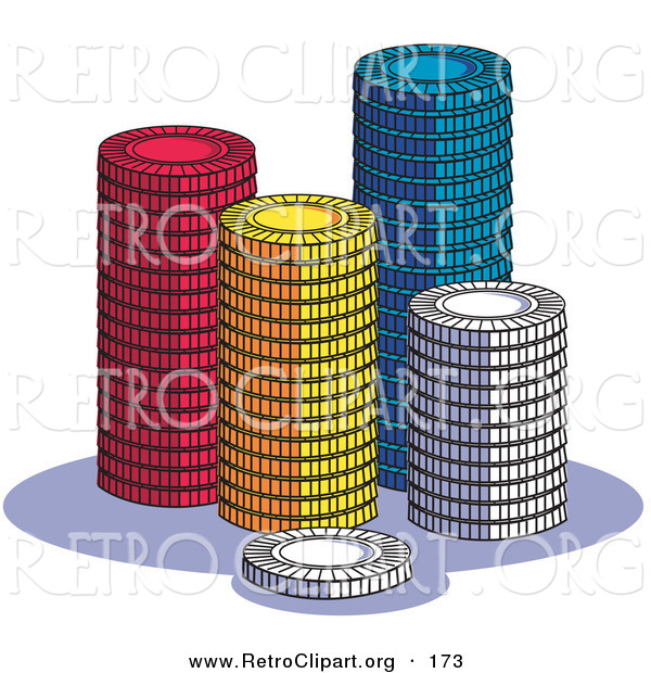 Retro Clipart of a Four Stacks of Red, Yellow, Blue and White Poker Chips in a Casino