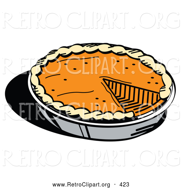 Retro Clipart of a Fresh Thanksgiving Pumpkin Pie in a Pan, Missing One Slice on White