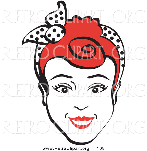 Retro Clipart of a Friendly Red Haired Woman Smiling and Wearing a Scarf Tied in Her Hair
